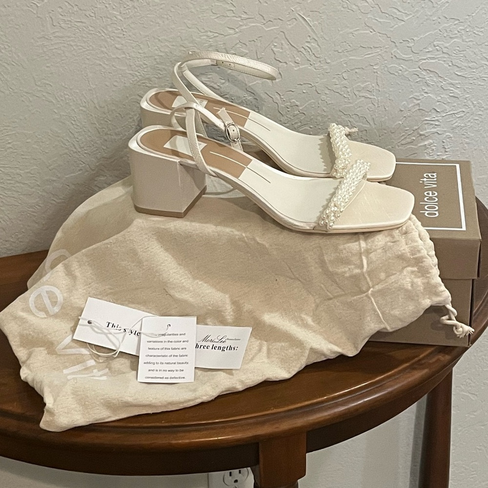 Dolce Vita Ivory Pearl-Trim Ankle Strap Block Heels - Picture 9 of 9
